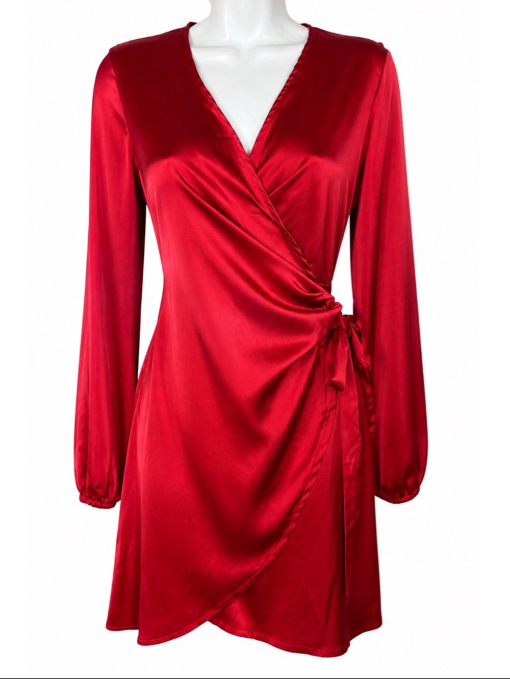 Women’s Red Satin Wrap Dress Size Medium Long Sleeve V-Neck Mini Party Cocktail